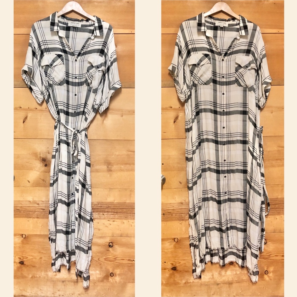 Cloth and stone Plaid 90s boho pattern short sleeve dress button kimono duster